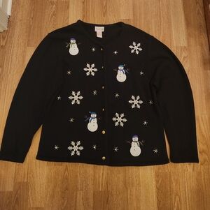 Vintage Crystal-Kobe Winter Holiday Snowman Snowflake Cardigan Sweater Medium